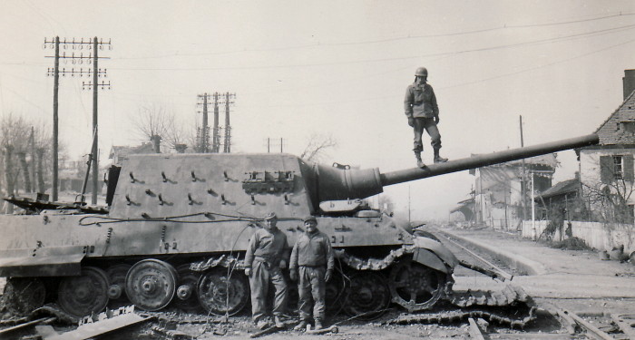 Wrecked German 128 mm SP - JagdTiger - at Soultz Alsace France - March 1945